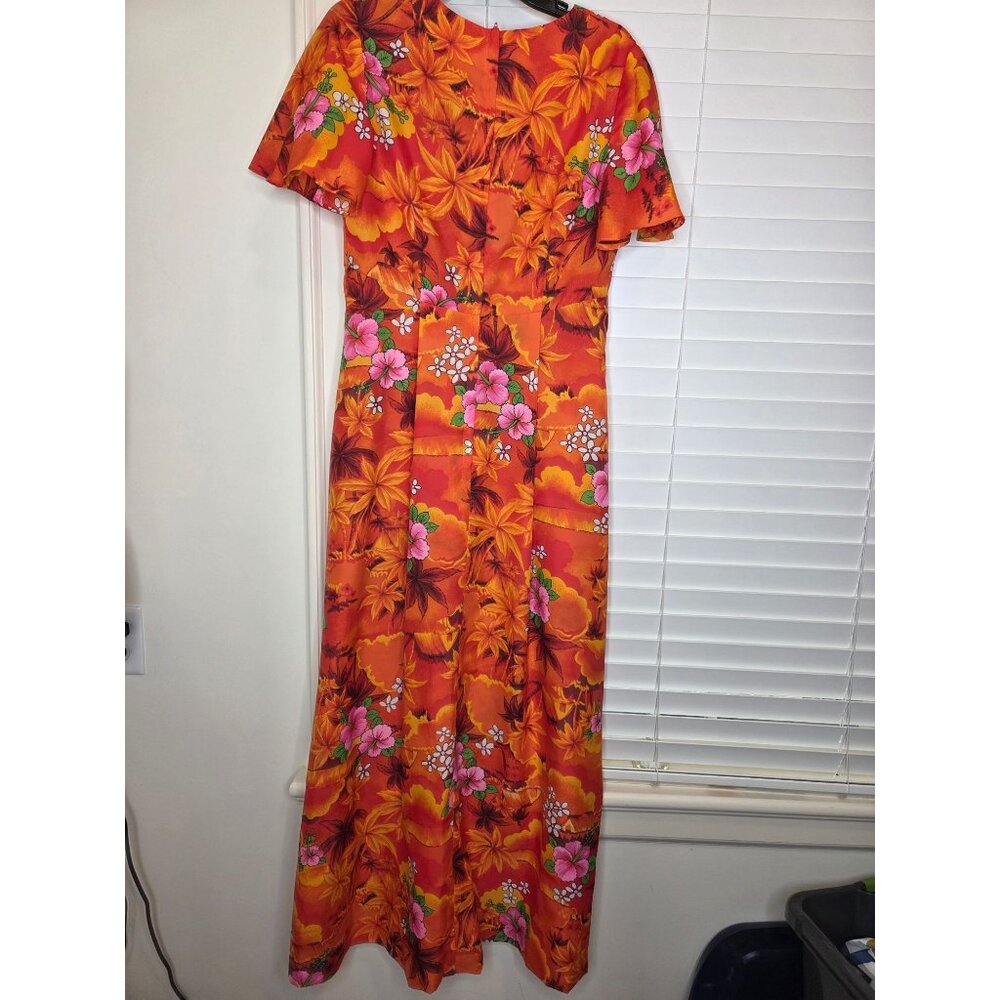 VTG Royal Hawaiian Mumu Dress Orange Floral Maxi Made In Hawaii Tropical - Picture 7 of 8